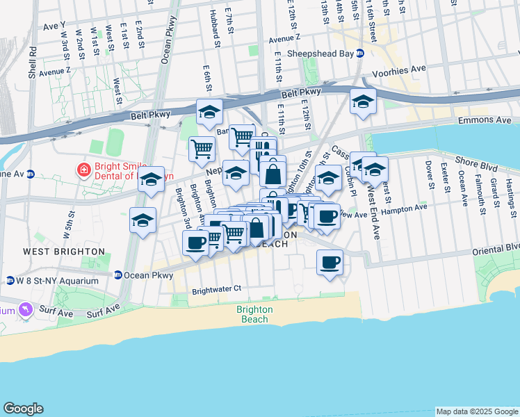 map of restaurants, bars, coffee shops, grocery stores, and more near 3017 Brighton 8th Street in Brooklyn
