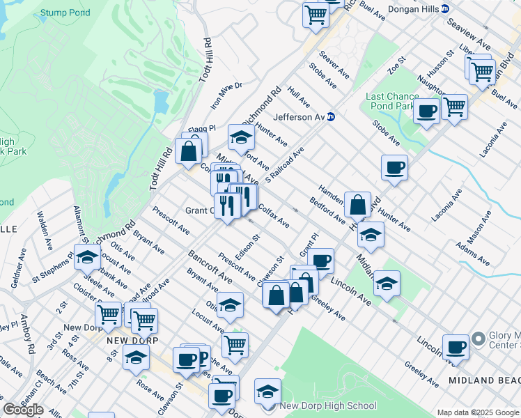 map of restaurants, bars, coffee shops, grocery stores, and more near 100 Colfax Avenue in Staten Island