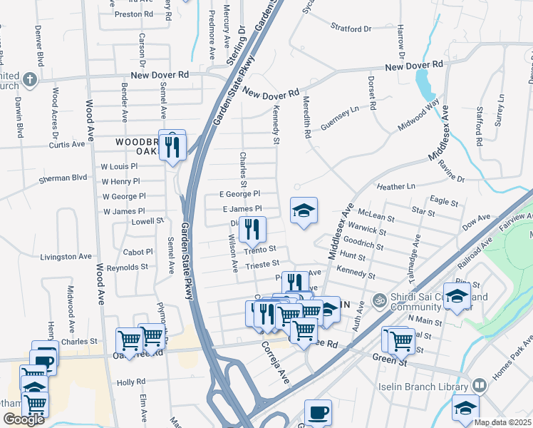 map of restaurants, bars, coffee shops, grocery stores, and more near 22 Diaz Street in Woodbridge Township