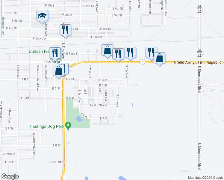 map of restaurants, bars, coffee shops, grocery stores, and more near 1011 East D Street in Hastings