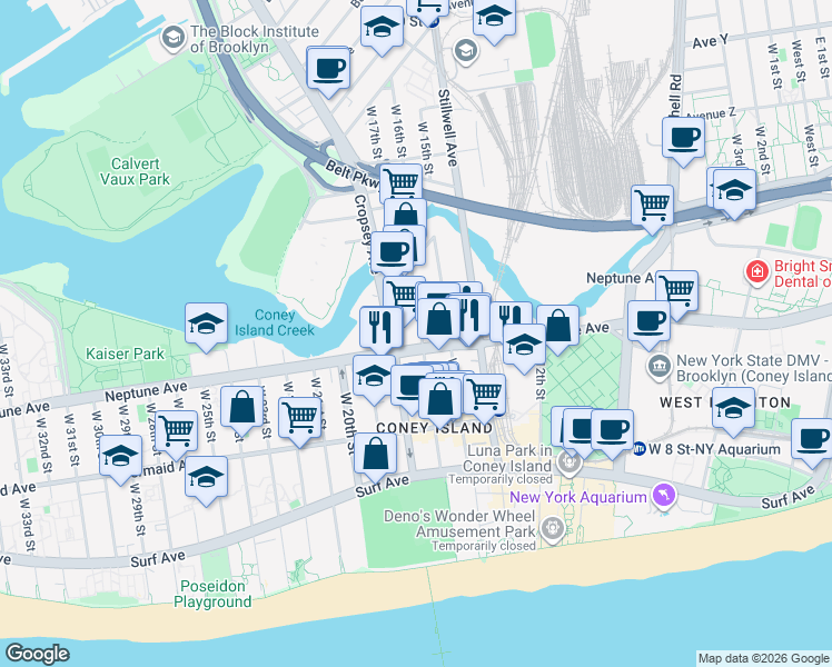 map of restaurants, bars, coffee shops, grocery stores, and more near 2762 West 16th Street in Brooklyn