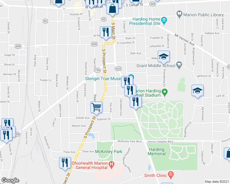map of restaurants, bars, coffee shops, grocery stores, and more near 547 South Main Street in Marion