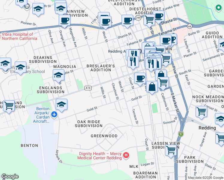 map of restaurants, bars, coffee shops, grocery stores, and more near 1764 Chestnut Street in Redding