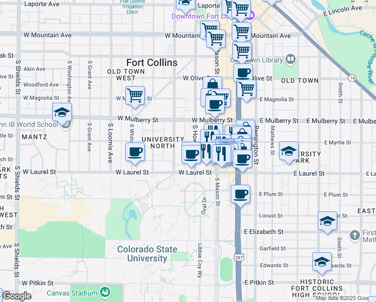 map of restaurants, bars, coffee shops, grocery stores, and more near 410 University Services Ctr in Fort Collins