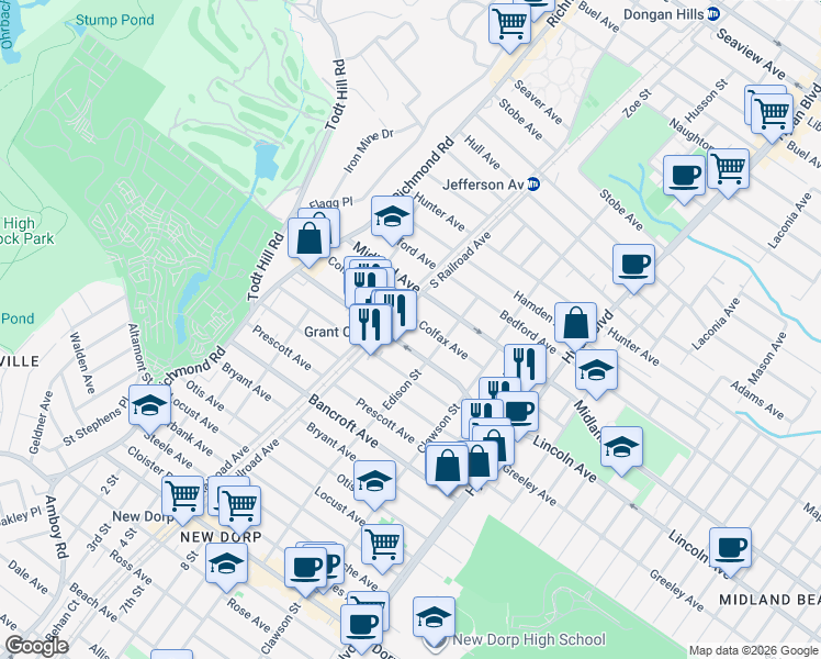 map of restaurants, bars, coffee shops, grocery stores, and more near 100 Colfax Avenue in Staten Island