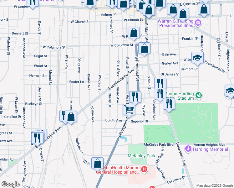 map of restaurants, bars, coffee shops, grocery stores, and more near 541 Girard Avenue in Marion