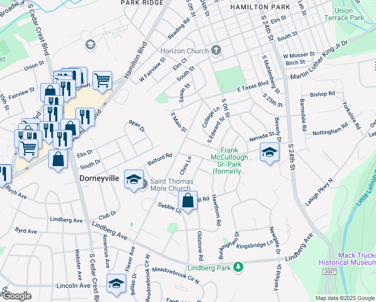 map of restaurants, bars, coffee shops, grocery stores, and more near 2853 Andrea Drive in Allentown