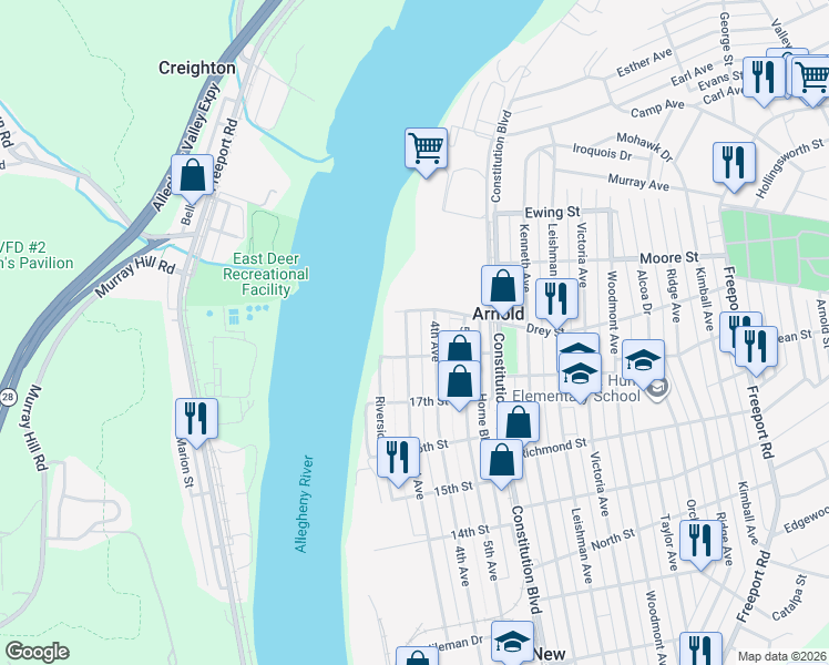 map of restaurants, bars, coffee shops, grocery stores, and more near 1820 3rd Ave in New Kensington