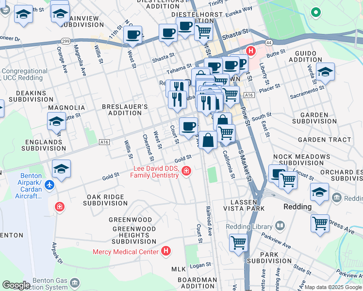 map of restaurants, bars, coffee shops, grocery stores, and more near 1901 Court Street in Redding