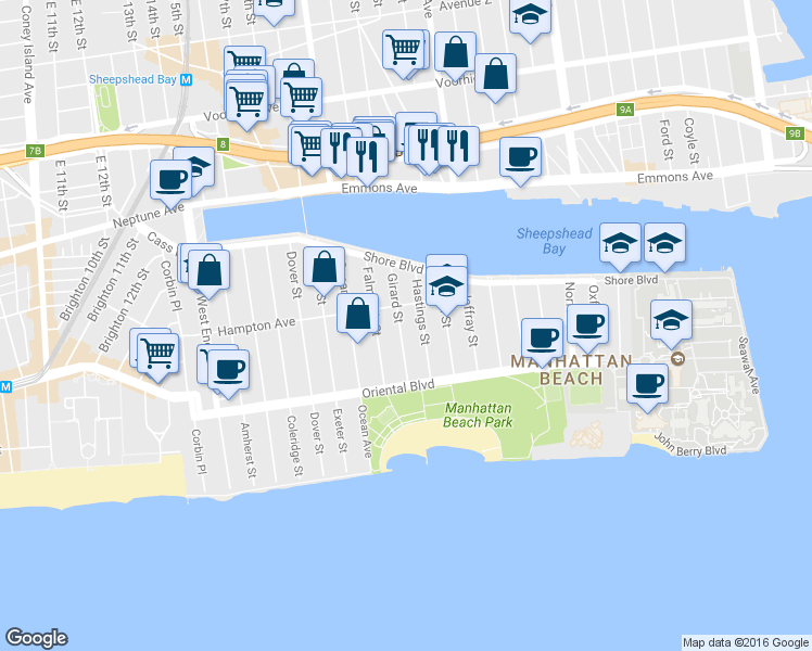 map of restaurants, bars, coffee shops, grocery stores, and more near 125 Girard Street in Brooklyn