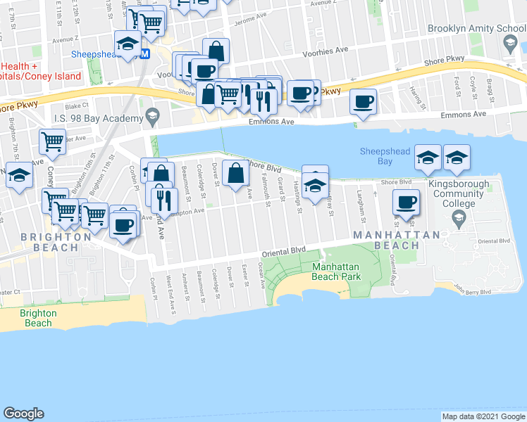map of restaurants, bars, coffee shops, grocery stores, and more near 118 Falmouth Street in Brooklyn