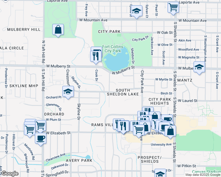 map of restaurants, bars, coffee shops, grocery stores, and more near 540 South Bryan Avenue in Fort Collins