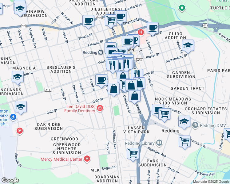 map of restaurants, bars, coffee shops, grocery stores, and more near 1950 California Street in Redding