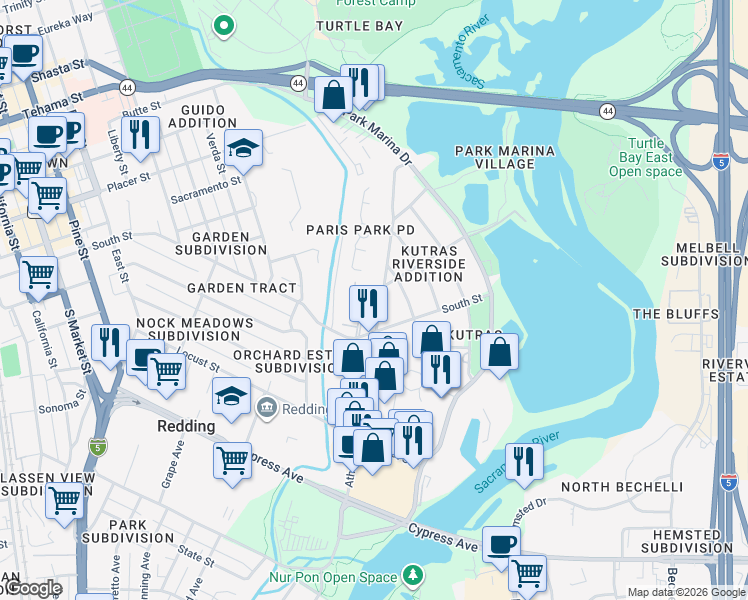 map of restaurants, bars, coffee shops, grocery stores, and more near 2240 Athens Avenue in Redding