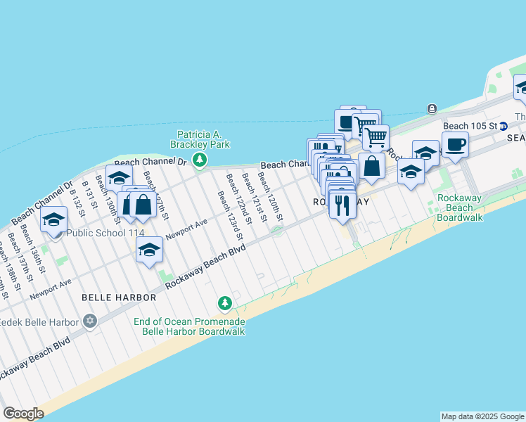 map of restaurants, bars, coffee shops, grocery stores, and more near 242 Beach 121st Street in Queens