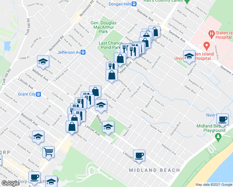 map of restaurants, bars, coffee shops, grocery stores, and more near 297 Adams Avenue in Staten Island