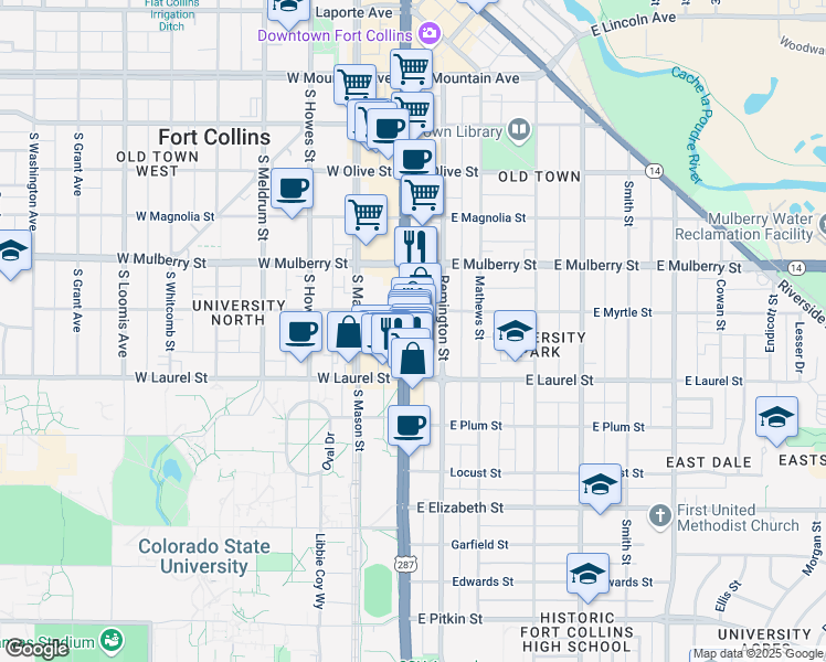 map of restaurants, bars, coffee shops, grocery stores, and more near 612 South College Avenue in Fort Collins