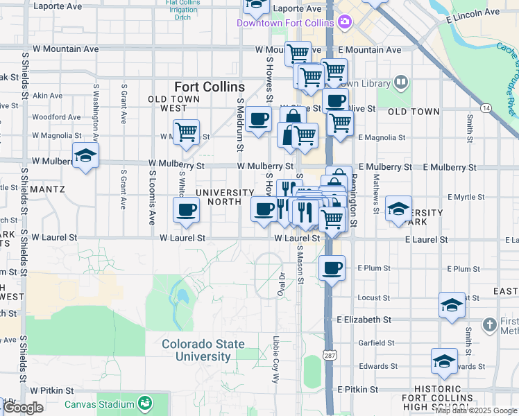 map of restaurants, bars, coffee shops, grocery stores, and more near 601 South Howes Street in Fort Collins