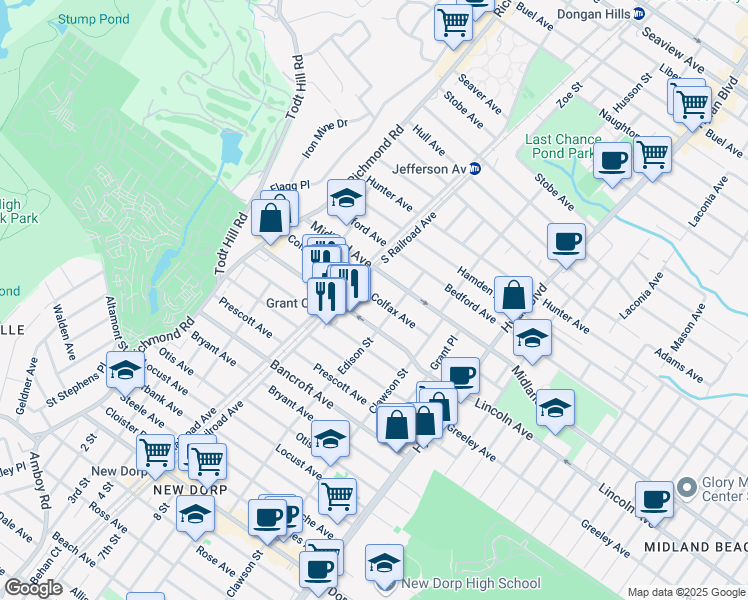 map of restaurants, bars, coffee shops, grocery stores, and more near 100 Colfax Avenue in Staten Island