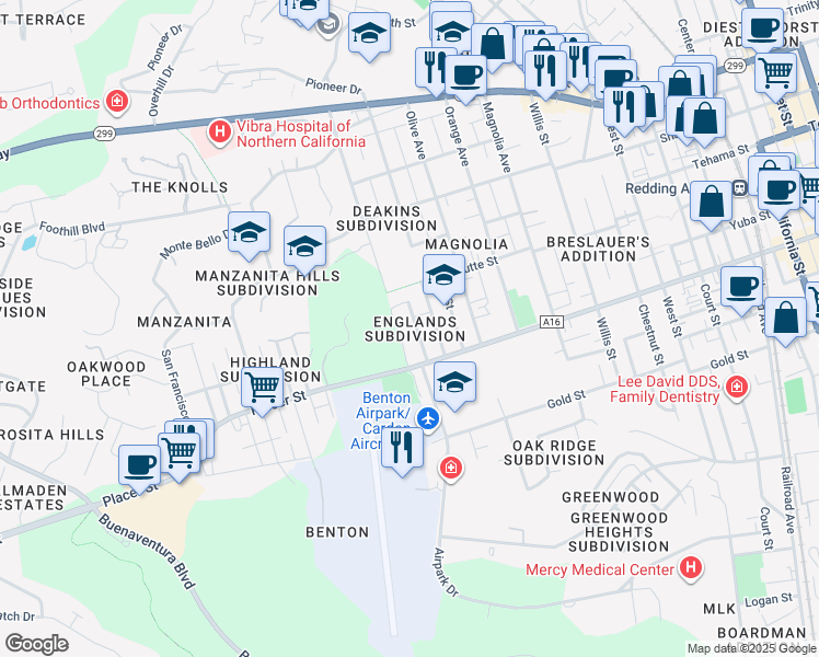 map of restaurants, bars, coffee shops, grocery stores, and more near 1600 Fig Avenue in Redding
