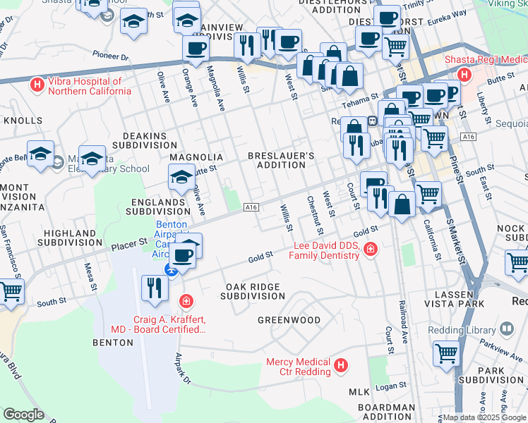 map of restaurants, bars, coffee shops, grocery stores, and more near 2153 Placer Street in Redding