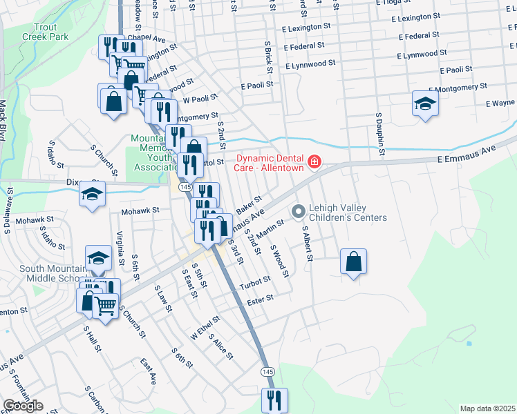 map of restaurants, bars, coffee shops, grocery stores, and more near 123 West Emaus Avenue in Allentown