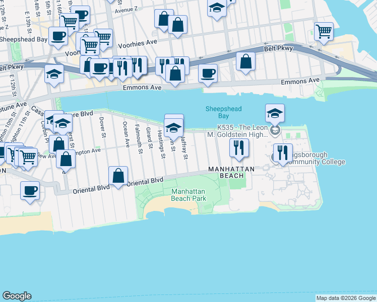 map of restaurants, bars, coffee shops, grocery stores, and more near 135 Jaffray Street in Brooklyn