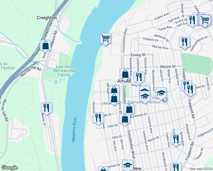 map of restaurants, bars, coffee shops, grocery stores, and more near 1820 3rd Avenue in New Kensington