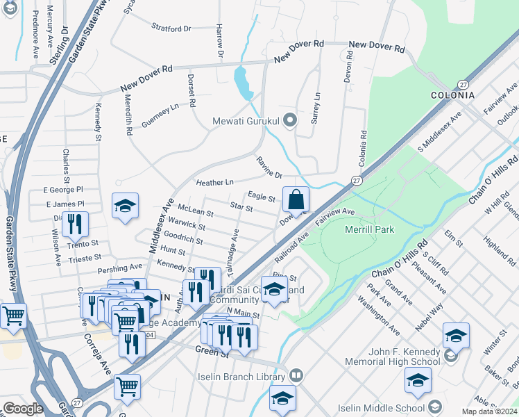 map of restaurants, bars, coffee shops, grocery stores, and more near 32 Star Street in Woodbridge Township