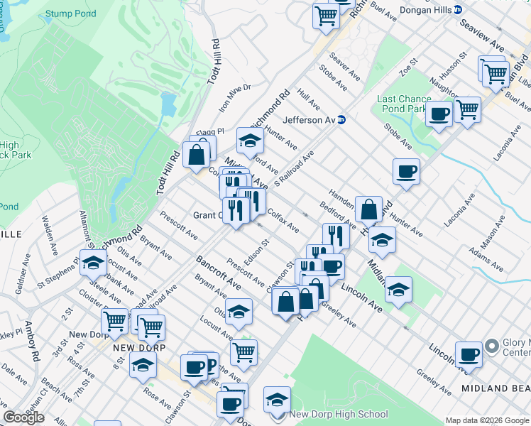 map of restaurants, bars, coffee shops, grocery stores, and more near 100 Colfax Avenue in Staten Island