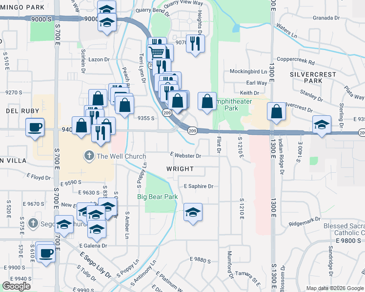 map of restaurants, bars, coffee shops, grocery stores, and more near 9459 South Cobalt Circle in Sandy