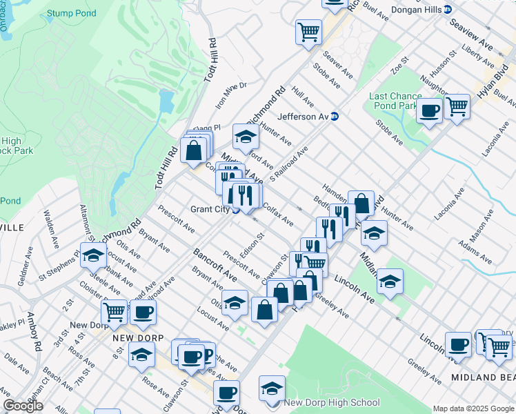 map of restaurants, bars, coffee shops, grocery stores, and more near 100 Colfax Avenue in Staten Island