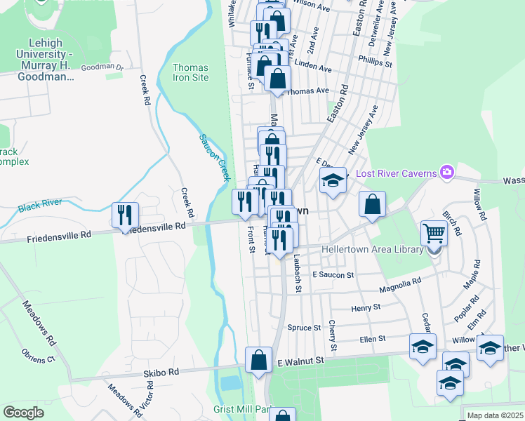 map of restaurants, bars, coffee shops, grocery stores, and more near 37 West Water Street in Hellertown