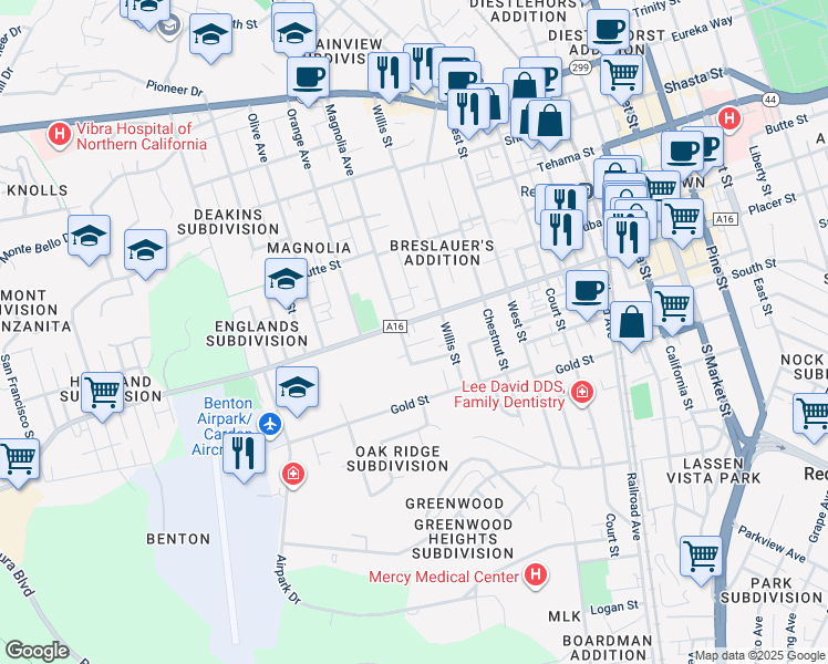 map of restaurants, bars, coffee shops, grocery stores, and more near 2155 Placer Street in Redding