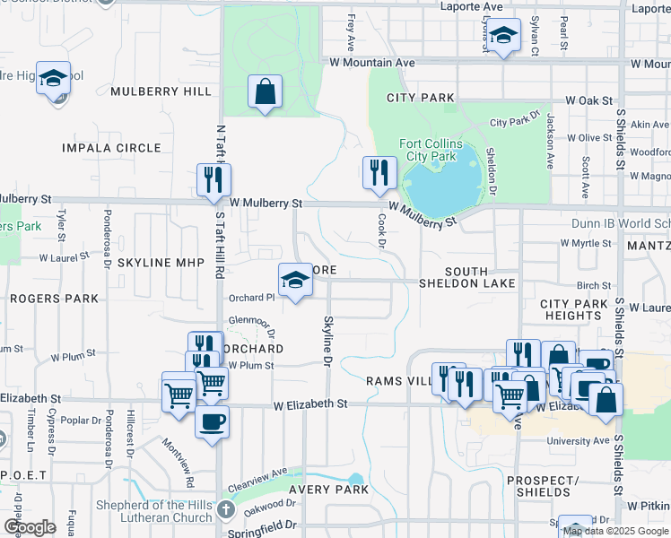 map of restaurants, bars, coffee shops, grocery stores, and more near 544 Skyline Drive in Fort Collins