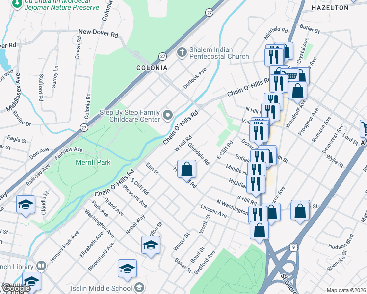 map of restaurants, bars, coffee shops, grocery stores, and more near 75 West Hill Road in Woodbridge Township