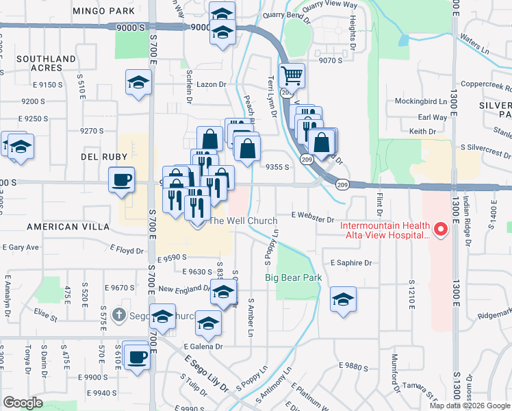 map of restaurants, bars, coffee shops, grocery stores, and more near 9450 South Meckailee Cove in Sandy