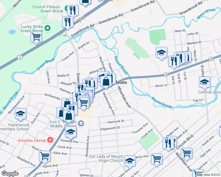 map of restaurants, bars, coffee shops, grocery stores, and more near 1272 Bound Brook Rd in Middlesex