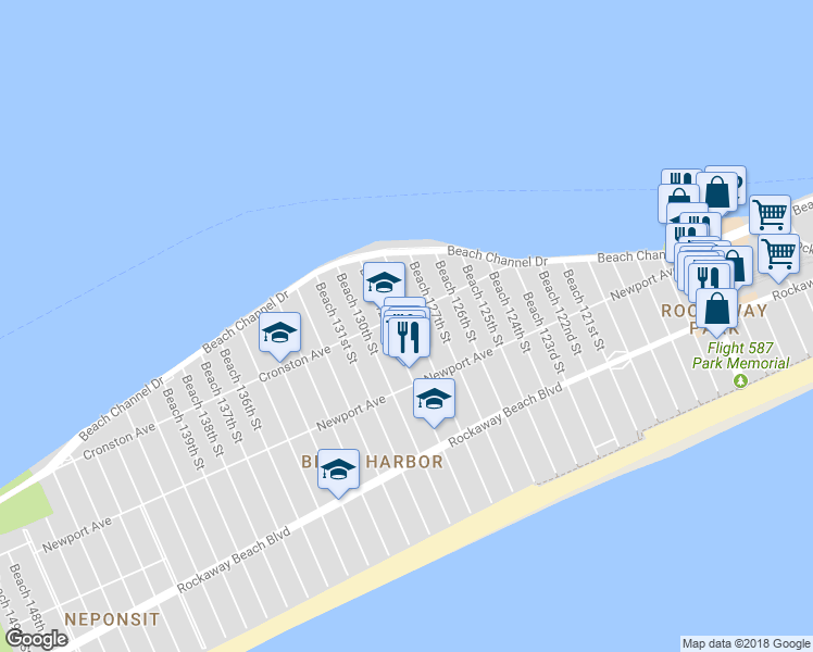 map of restaurants, bars, coffee shops, grocery stores, and more near 4-59 Beach 128th Street in Queens