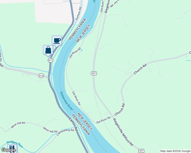 map of restaurants, bars, coffee shops, grocery stores, and more near 588 Riegelsville Milford Road in Milford