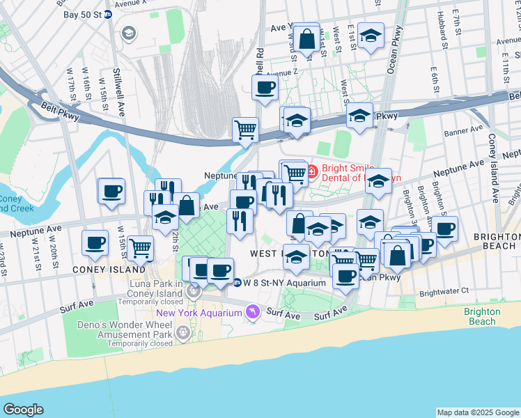 map of restaurants, bars, coffee shops, grocery stores, and more near Neptune Avenue in Brooklyn