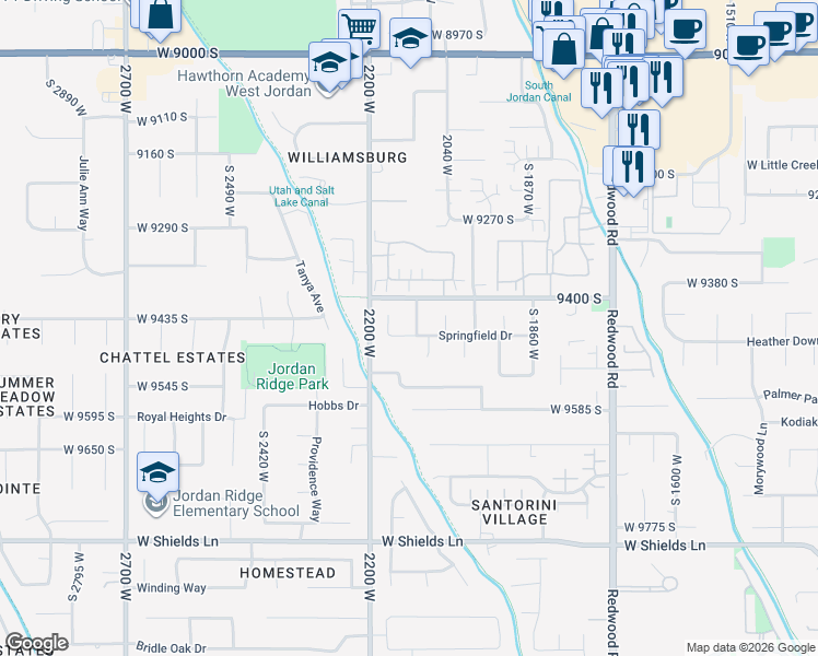map of restaurants, bars, coffee shops, grocery stores, and more near 9448 South 2100 West in South Jordan