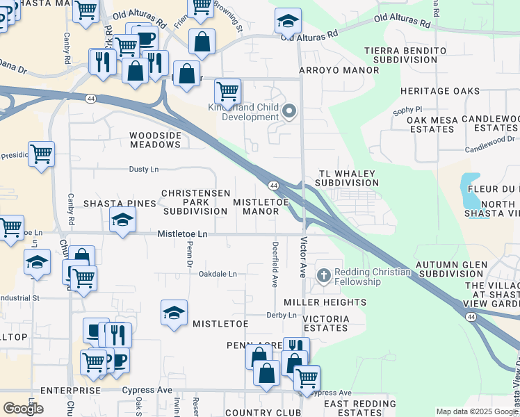 map of restaurants, bars, coffee shops, grocery stores, and more near 1909 Lindeena Lane in Redding