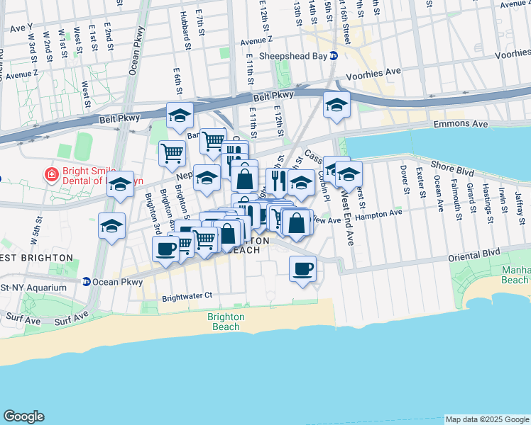 map of restaurants, bars, coffee shops, grocery stores, and more near 141 Brighton 10th Street in Brooklyn