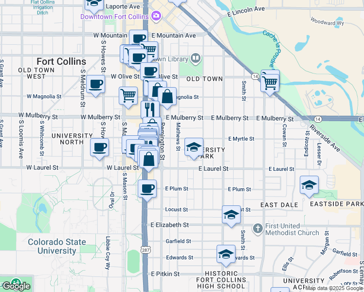 map of restaurants, bars, coffee shops, grocery stores, and more near 614 Mathews Street in Fort Collins