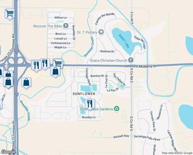 map of restaurants, bars, coffee shops, grocery stores, and more near 4759 Brenton Drive in Fort Collins