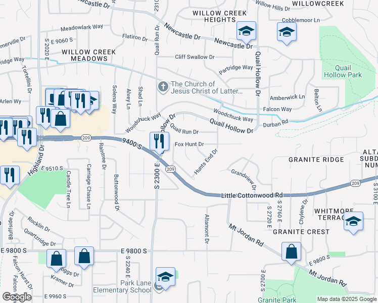 map of restaurants, bars, coffee shops, grocery stores, and more near 9451 South Fox Circle in Sandy