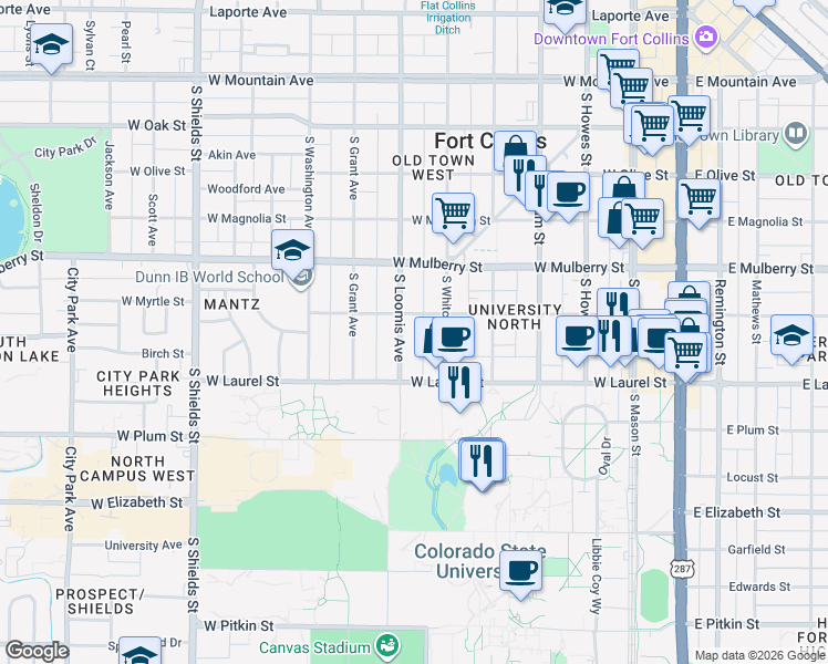 map of restaurants, bars, coffee shops, grocery stores, and more near 617 South Whitcomb Street in Fort Collins