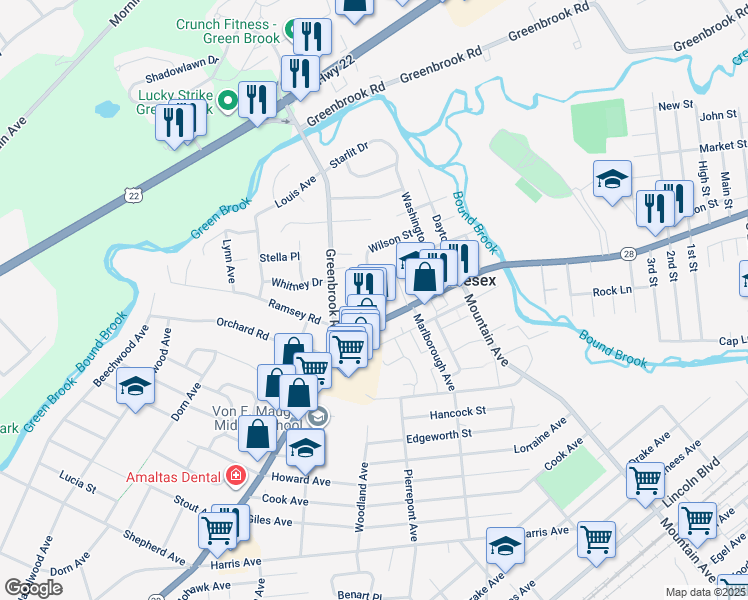 map of restaurants, bars, coffee shops, grocery stores, and more near 3 Locust Avenue in Middlesex