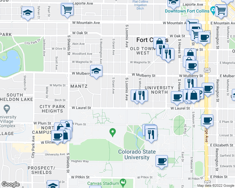 map of restaurants, bars, coffee shops, grocery stores, and more near 613 South Loomis Avenue in Fort Collins